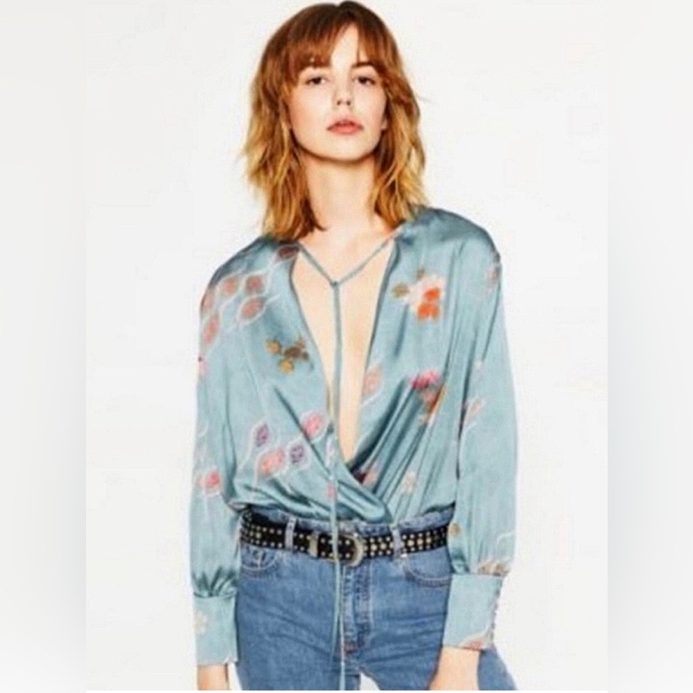 Zara Powder Blue Floral Satin Wrap Bodysuit